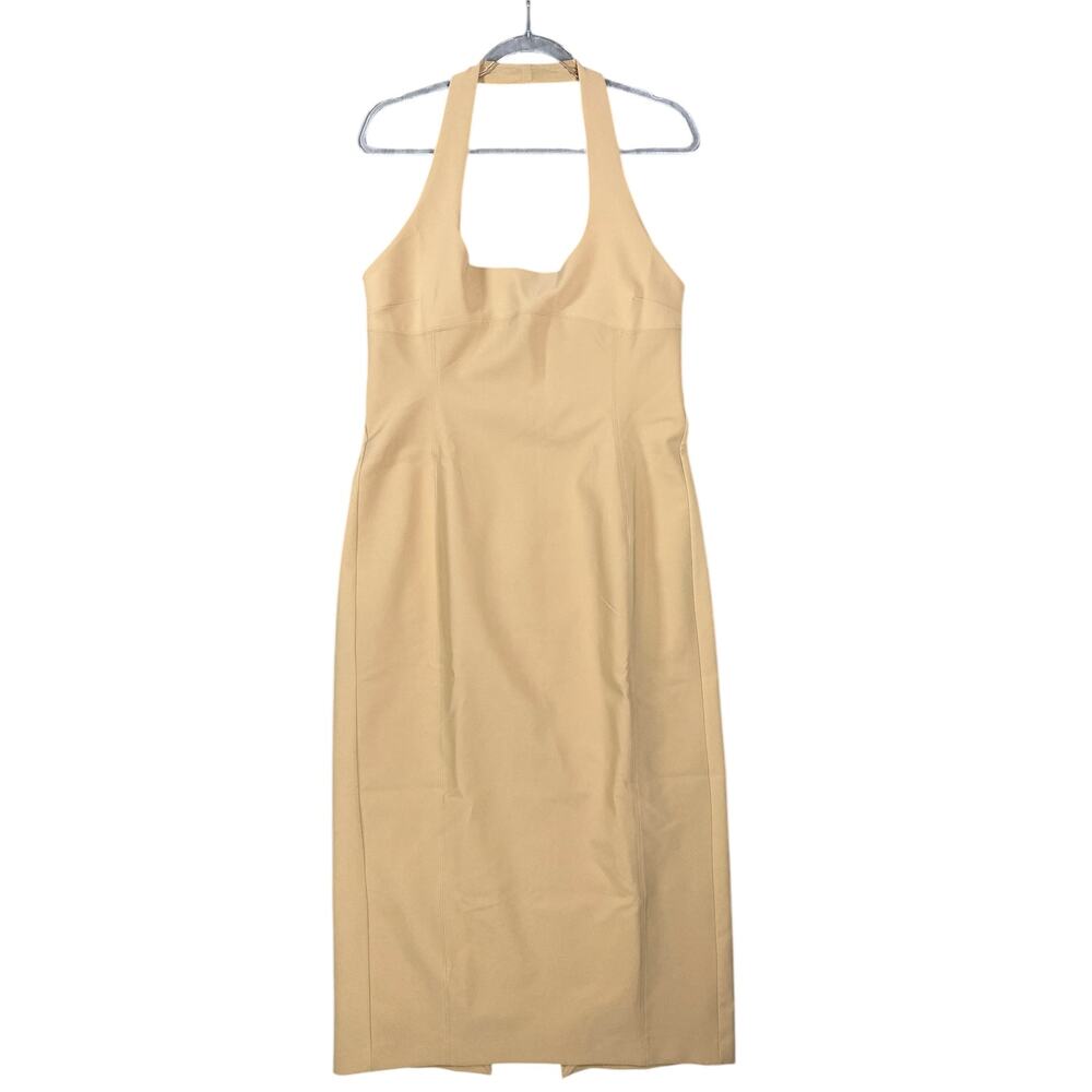 ZARA Matte Tan Bodycon Halter Strap Round Neckline Zipper Maxi Dress